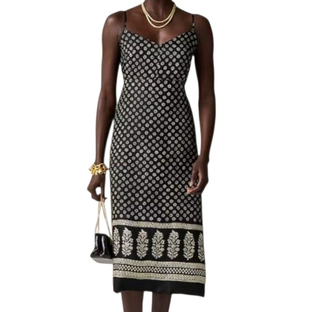 J Crew Natasha Midi Slip Dress Black Cream Block Print Floral Spaghetti Strap 4